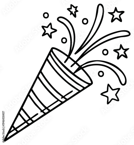 Simple outline drawing of party popper with stars and confetti, celebrating holiday