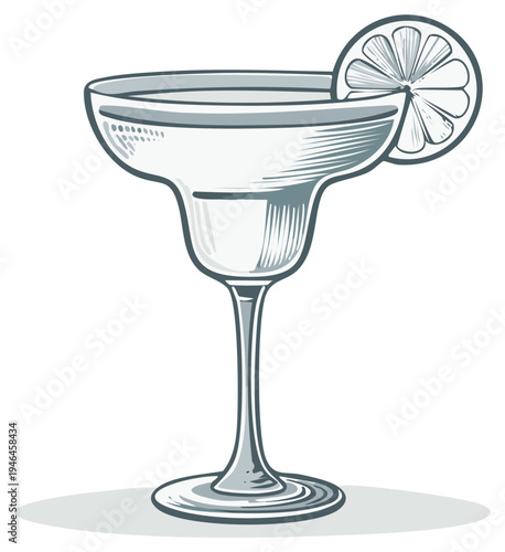 Margarita Glass Vector with Lime Slice: Detailed Etching Style, Summer Drink Illustration