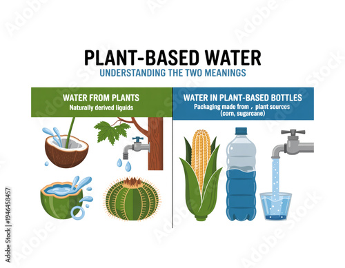 An infographic explaining the two meanings of plant-based water on transparent background