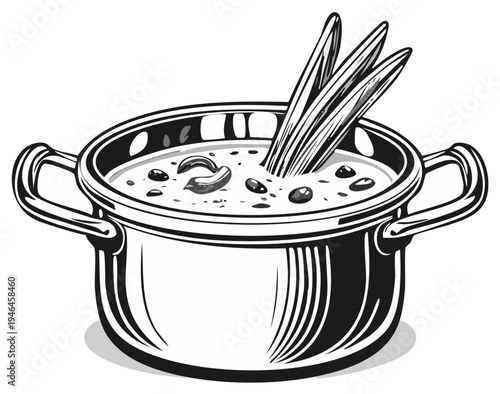 Vintage-style illustration of a pot of soup with vegetables