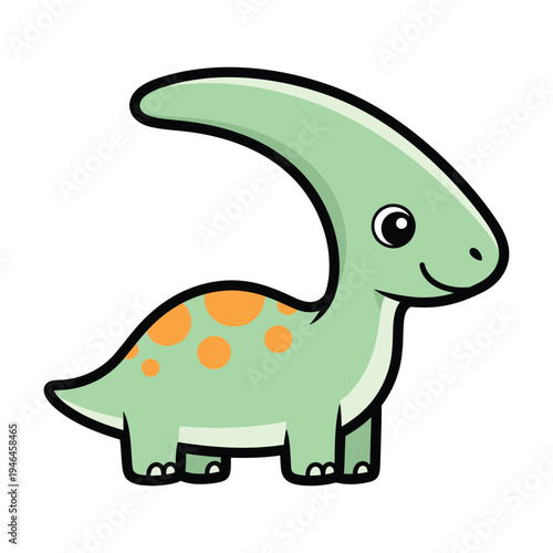 Adorable cartoon Parasaurolophus dinosaur with vibrant orange spots and a distinctive crest, presented in a charming, playful, and friendly artistic style against a clean white background.