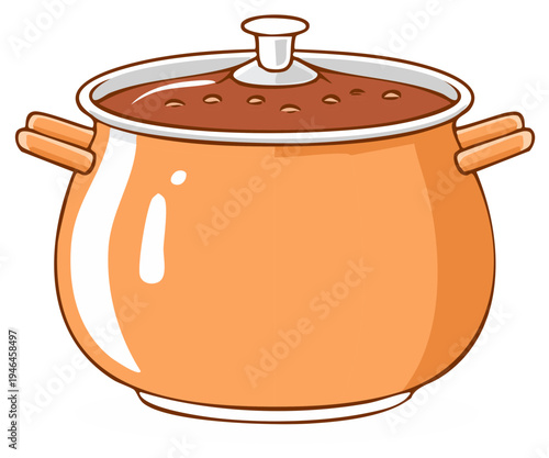 Orange Cooking Pot with Lid Boiling Brown Liquid Cartoon Style Illustration, Kitchen Utensil for Preparing Food