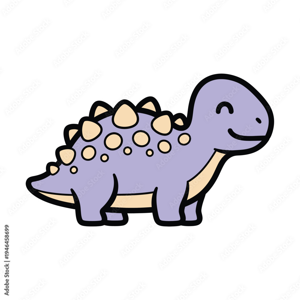 Naklejka premium Adorable, cute, happy purple dinosaur with cream-colored spikes and spots, smiling contentedly in a simple, charming cartoon style, isolated on a clean white background.