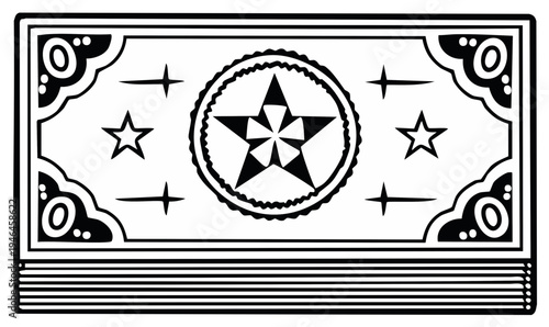 Stylized illustration of a single banknote with star and ornamental details presented from an angled perspective