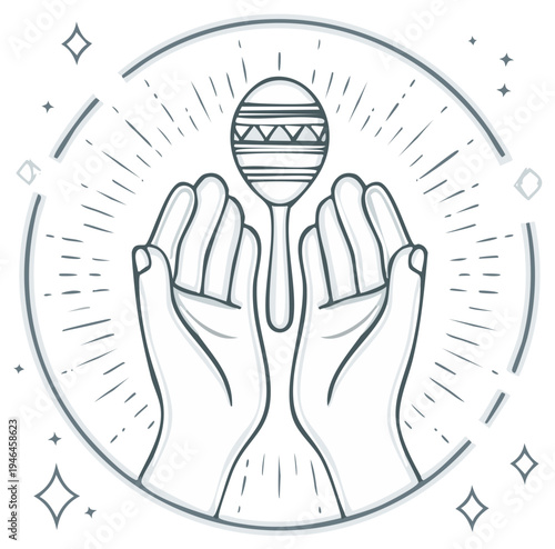 Hands holding a maraca illustration with a radial background.