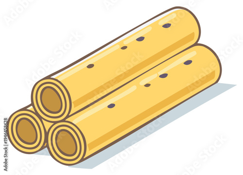 Three uncooked cannelloni pasta tubes stacked and ready for filling and cooking