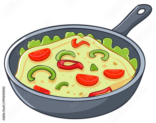 Freshly cooked omelette with tomatoes and bell peppers in a skillet vector illustration