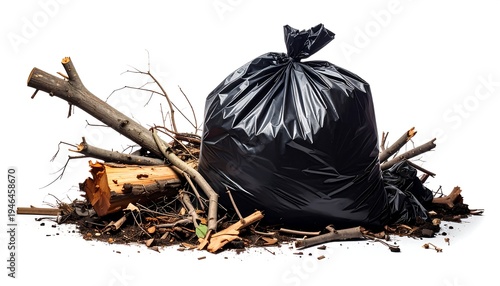 A black garbage bag sits atop a pile of discarded branches, twigs, and wood pieces against a white backdrop