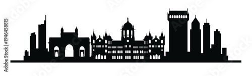 Mumbai skyline silhouette vector. Detailed black cityscape panorama isolated on white. Indian city architecture, Gateway of India, modern buildings and travel tourism concept.