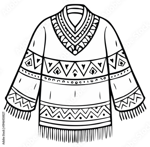 Black and white poncho illustration with geometric patterns and tassels for coloring books and apparel