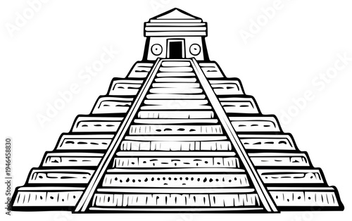 Ancient stepped pyramid illustration with staircase to temple in black and white ink drawing style, mesoamerican architecture isolated on white.