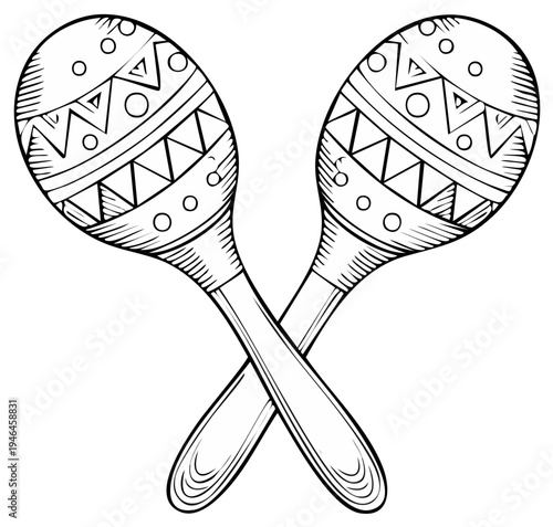 Pair of traditional maracas with decorative patterns black and white line art drawing