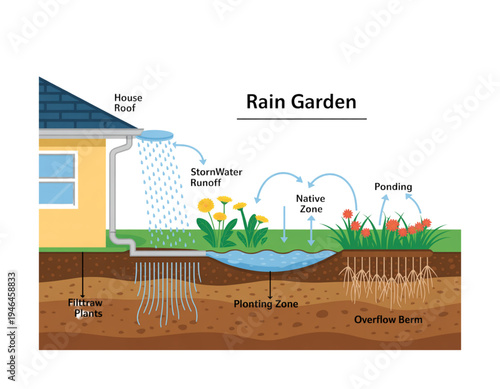 A detailed illustration of a rain garden with labeled components on transparent background