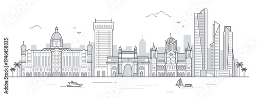 Mumbai skyline outline vector illustration. Linear cityscape with Gateway of India, Taj Mahal Palace and CST. Minimalist city architecture, famous Indian landmarks travel concept.