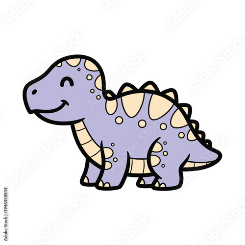 Adorable cartoon baby Brontosaurus dinosaur, smiling with happy eyes, light purple and cream speckled body, friendly prehistoric creature, simple flat design, isolated on white background, p