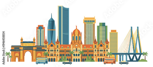 Colorful Mumbai skyline flat vector illustration. Gateway of India, Chhatrapati Shivaji Terminus and Sea Link. Indian city architecture, transport and travel tourism concept.