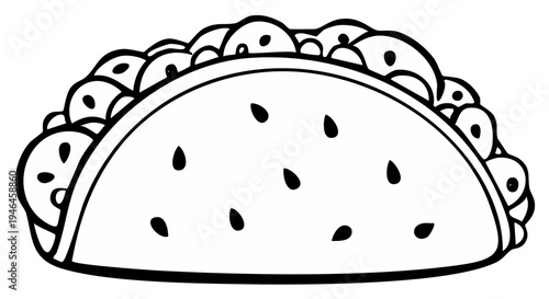 Outline of Taco with Filling and Shell, Black and White Line Art Illustration of Mexican Food, Fresh Ingredients