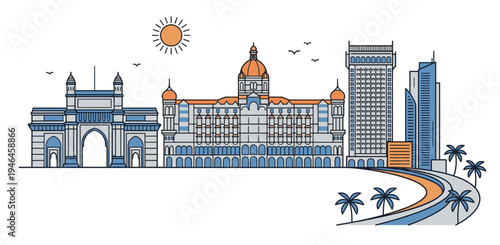Mumbai skyline linear vector illustration. Gateway of India, Taj Mahal Palace hotel and palm trees. Indian city architecture, marine drive landscape and travel tourism concept.