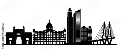 Mumbai skyline silhouette vector illustration. Gateway of India, Taj Mahal Palace and Sea Link isolated on white. Indian cityscape architecture, famous landmarks and travel concept.