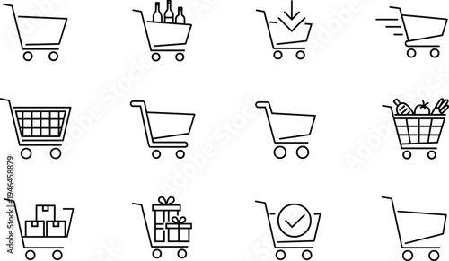 Shopping cart line icons set, online store basket, grocery cart, add to cart, ecommerce purchase vector collection