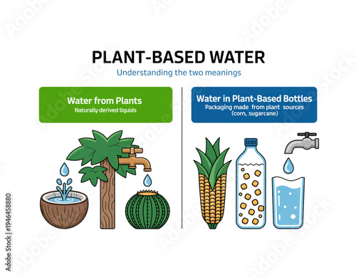 An infographic explaining the two meanings of plant-based water on transparent background