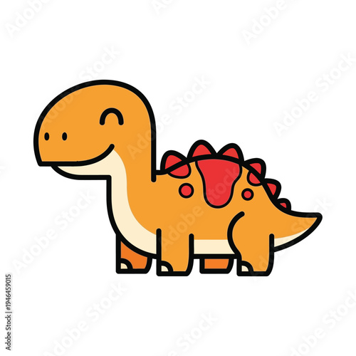 Adorable, happy orange dinosaur with red plates on its back, smiling cheerfully in a simplified, cute cartoon style, isolated on a white background for playful, prehistoric themes.