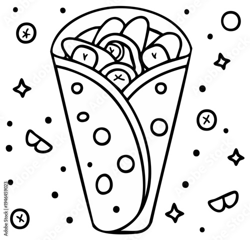 Black and white illustration of a delicious burrito with fillings and decorative elements