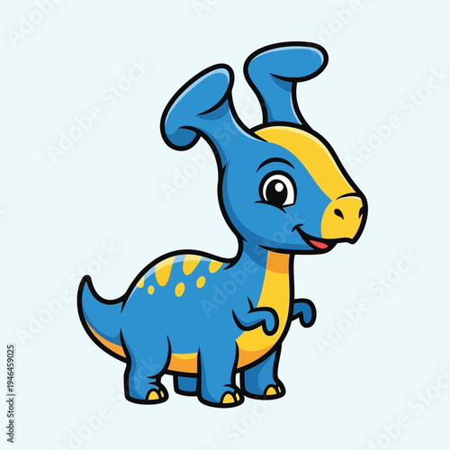 Adorable blue and yellow cartoon Parasaurolophus dinosaur with big ears, standing playfully on a light blue background, perfect for children's books and educational materials.