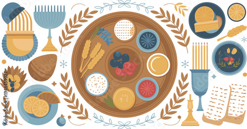 Seder plate with traditional passover foods and symbolic