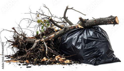 A black garbage bag is filled with wood debris, branches, and remnants of a tree, against a bright white background