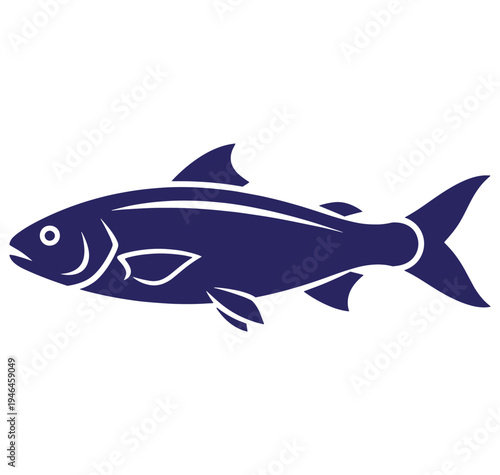 Blue fish swimming horizontally with fins and tail visible