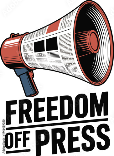 Red megaphone with newspaper print and freedom of press text