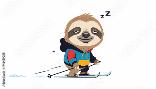 Charming illustration of a sleepy sloth character skiing on a snowy slope, humorously depicted with 'Zzz' symbols overhead, portraying a relaxed approach to winter sports