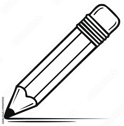 Illustration of a pencil drawing a line with rubber eraser and graphite tip in black and white