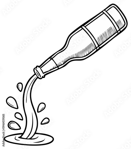 Hand drawn illustration of a glass bottle pouring liquid with splashes and droplets