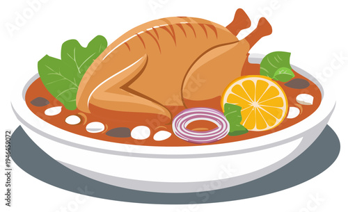 Whole Roasted Chicken with Orange and Onions in a Bowl of Stew Traditional Recipe