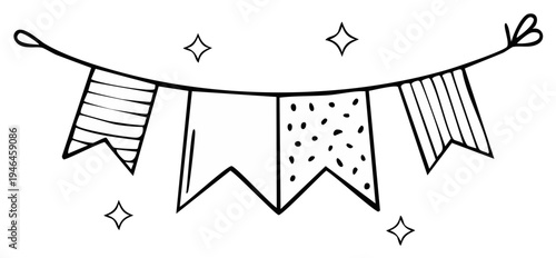 Whimsical party garland with patterned flags and stars, hand drawn style vector illustration for festive decorations