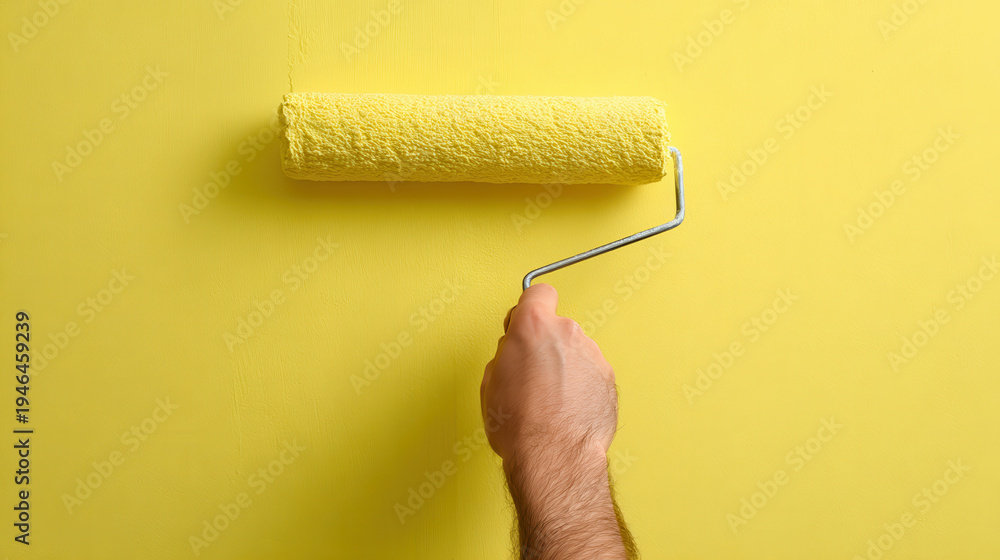 Obraz premium Person painting a bright yellow wall with a roller for home renovation.