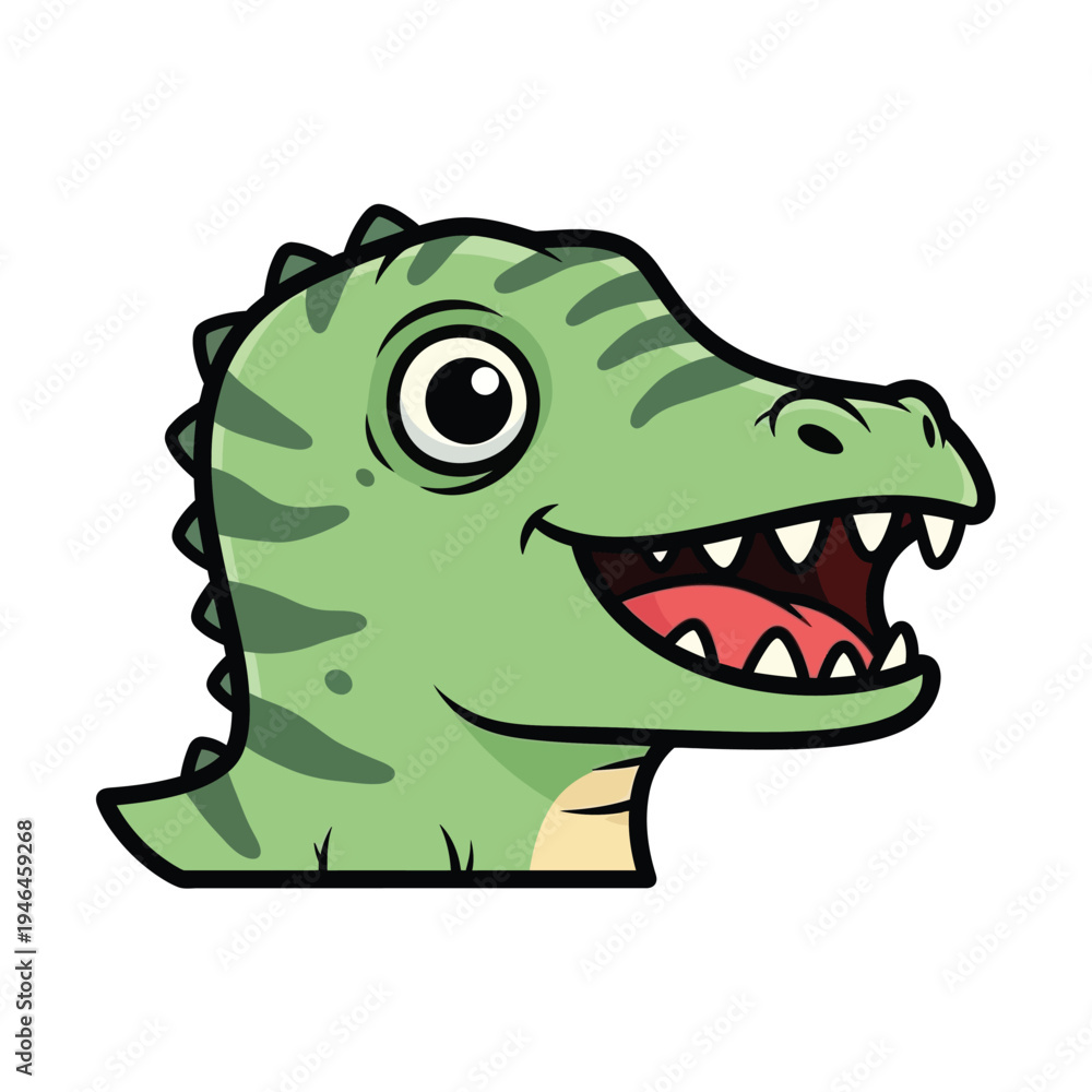 Obraz premium Cute cartoon T-Rex dinosaur head with big eyes, sharp teeth, and a happy smile, rendered in a vibrant, flat vector art style, perfect for children's themes and prehistoric adventure designs.