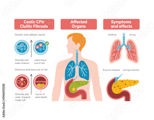 An infographic illustrating the genetic and cellular causes of cystic fibrosis and its effects on the human body on transparent background