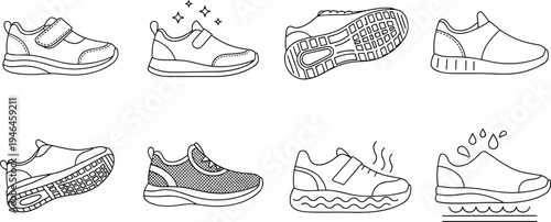 Sport sneakers and running shoes line icons set, athletic footwear, breathable mesh, waterproof sole, comfort sneaker vector collection