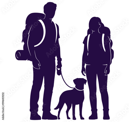 Couple with dog on a leash walking together outdoors with backpacks on their bodies