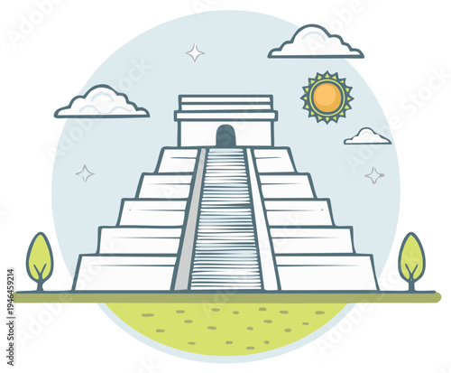 Ancient Mesoamerican pyramid structure with stairs and sun in stylized illustration