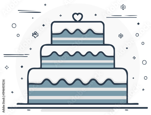 Three Tier Wedding Cake with Heart Topper and Abstract Decorations