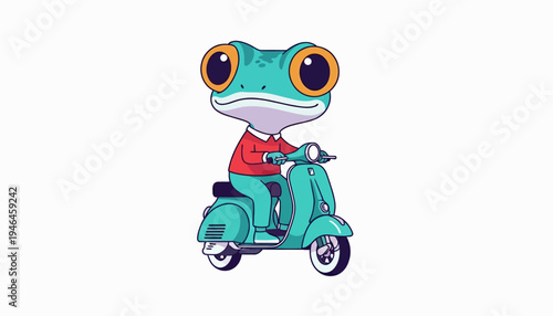 Cute frog character riding a turquoise scooter, cartoon style illustration