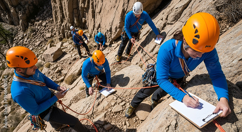 Rock climbing team taking notes on rocky cliff face with safety gear; teamwork in outdoor sports risk assessment and education