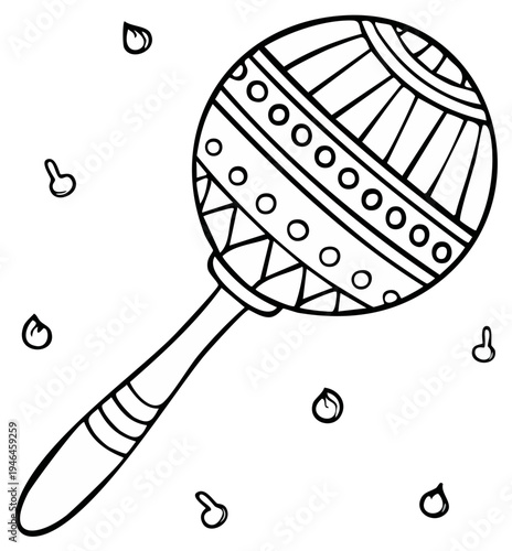 Black and White Maraca Illustration with Hand-Drawn Style and Decorative Details for Kids