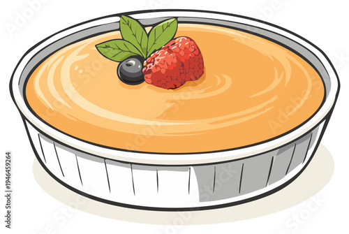 Creamy dessert with fresh berry and mint garnish in a round dish