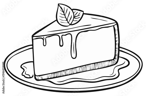 Black and white hand drawn slice of cheesecake with leaf garnish on plate