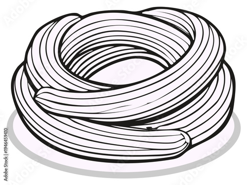 Black and white churros in a circle on a plate